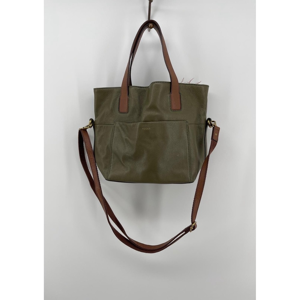 Fossil Leather Tote Crossbody Bag Women Green Brown Satchel Purse